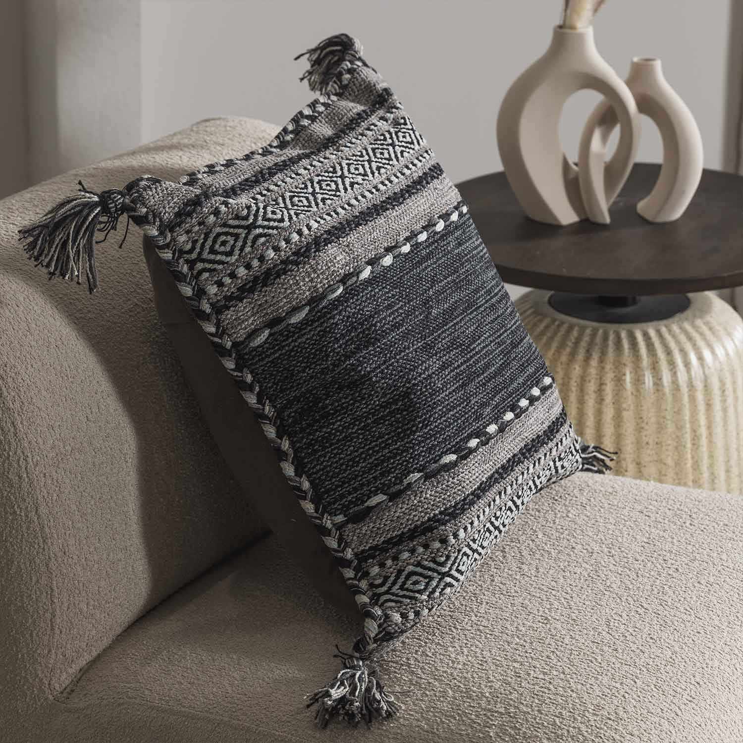 Bensalem Black Geometric Fringe Throw Pillow - Bibenanova