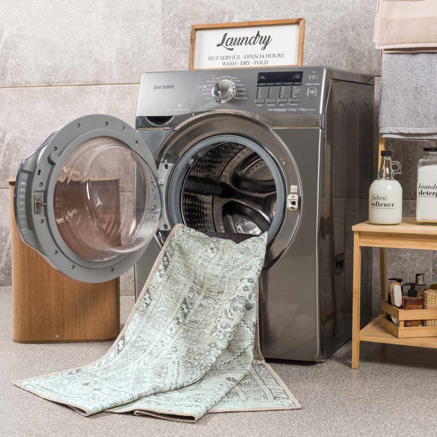 Barny Sage Flat Pile Washable Rug - Bibenanova