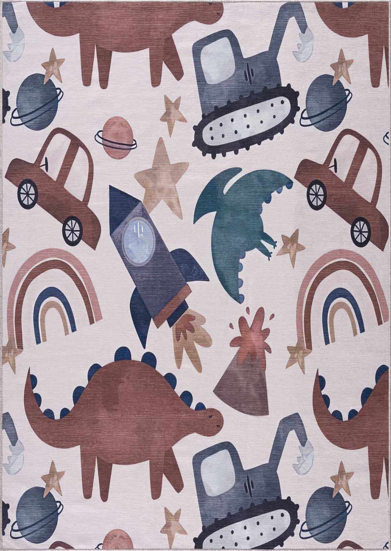 Libra Washable Kids Rug - Dinosaur rocket car rainbow - Bibenanova usa