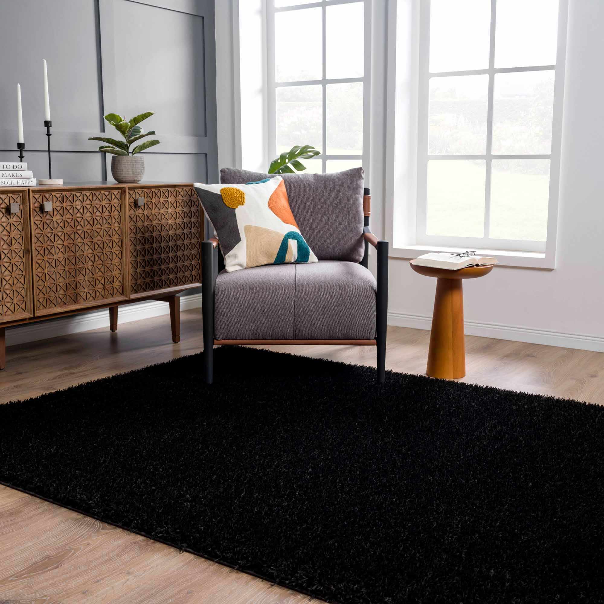 Faina Solid Black Shag Washable Area Rug - Clearance