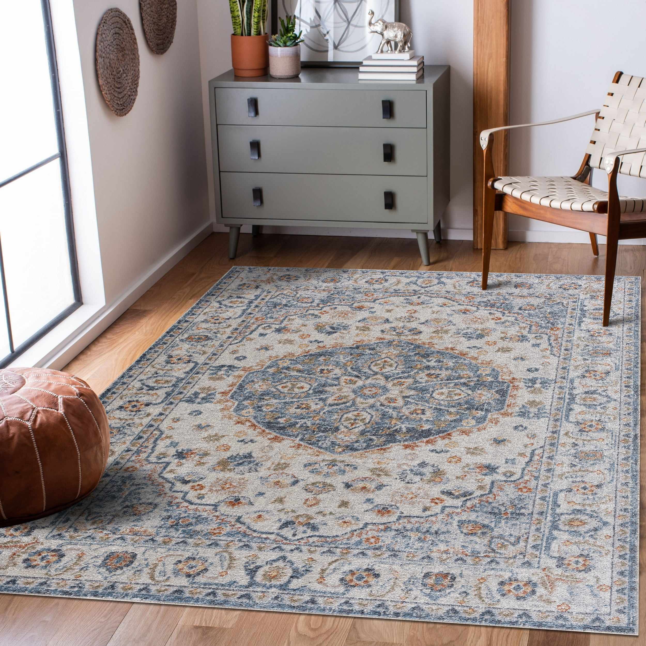 Hiti Cream&Blue Washable Rug - Clearance - Bibenanova