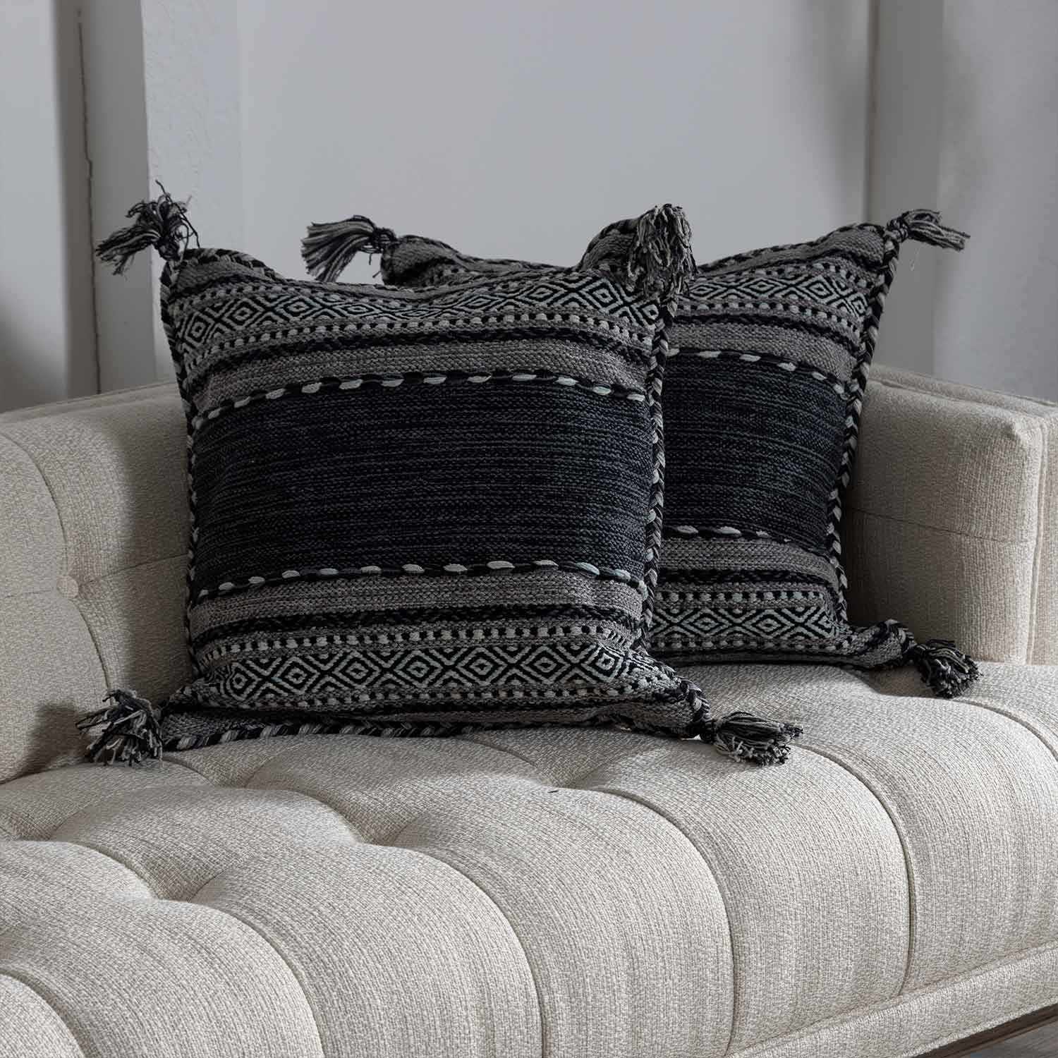Bensalem Black Geometric Fringe Throw Pillow - Bibenanova
